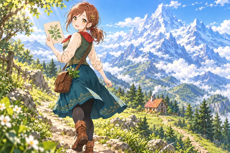 薬草の絵を手に山道を進むコハルと、雲を突き抜ける大きな雪山